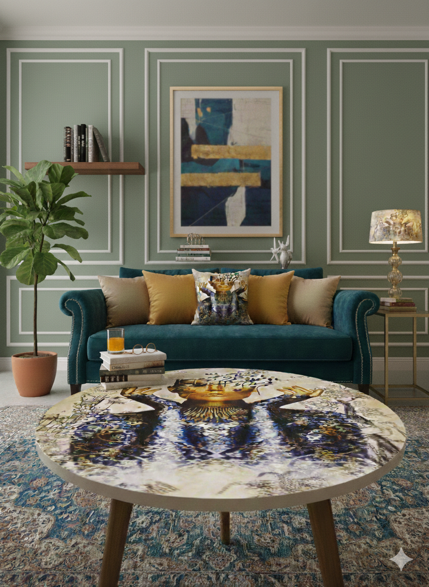 The Azure Empress coffee table | 18"diameter | Digital Printed | Folding Legs