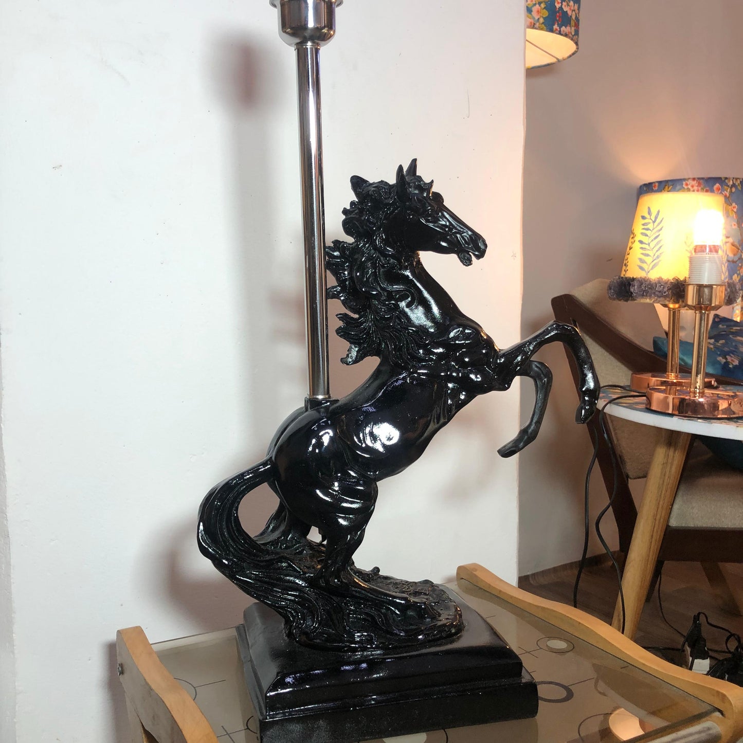 A Regal Horse Lamp| Black Dancing Horse| Raisin | Handmade | 20" Height