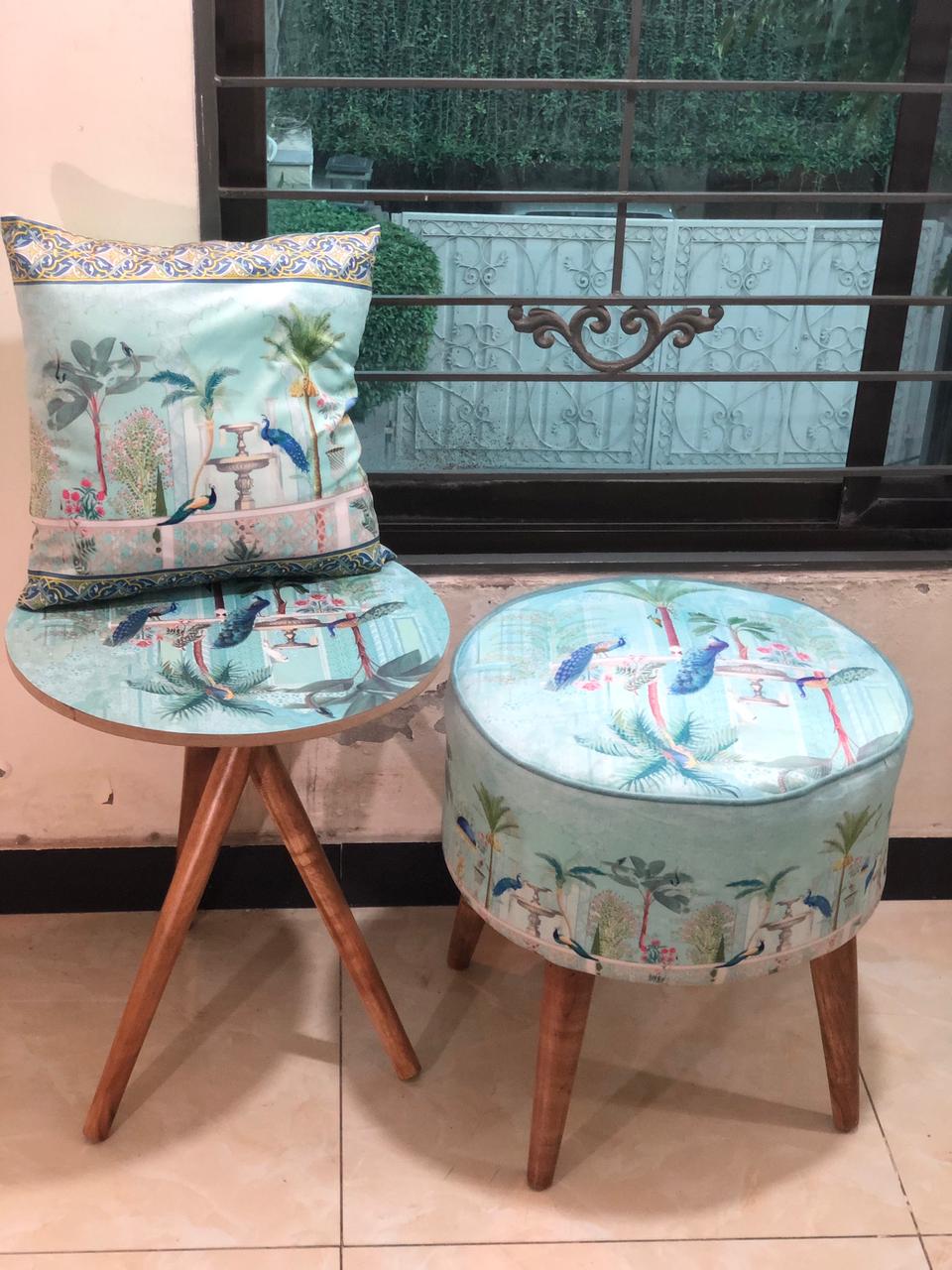 Peacock Panache Ottoman | Peacock Panache Collection | Velvet | 18" Diameter | 24" height
