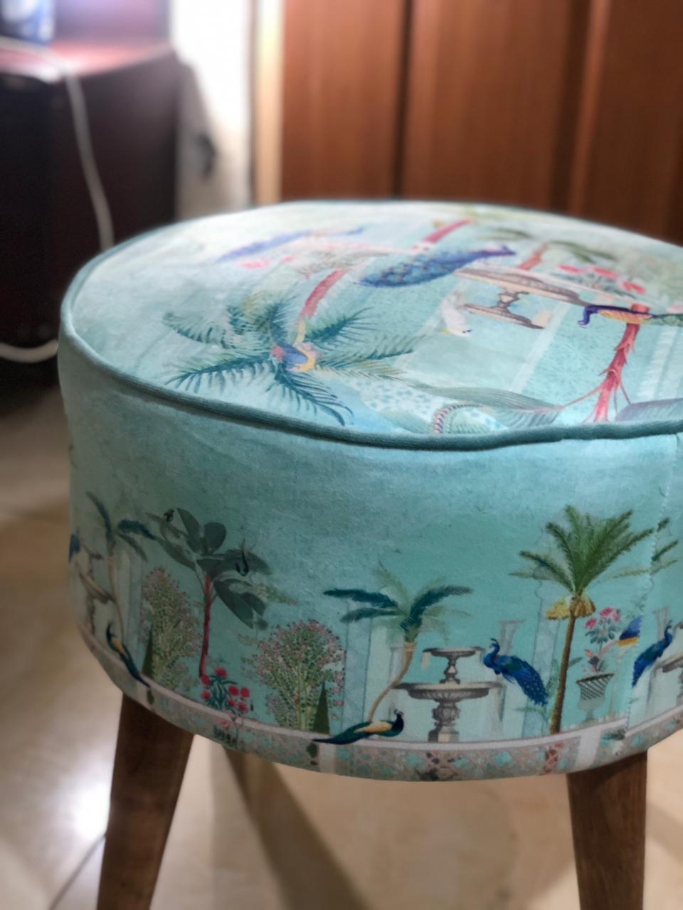 Peacock Panache Ottoman | Peacock Panache Collection | Velvet | 18" Diameter | 24" height