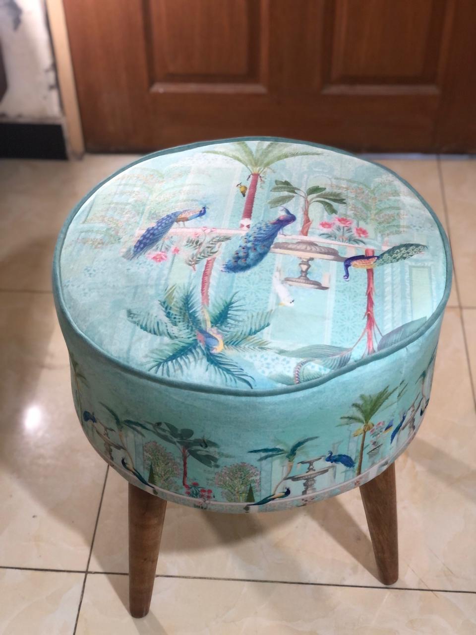 Peacock Panache Ottoman | Peacock Panache Collection | Velvet | 18" Diameter | 24" height