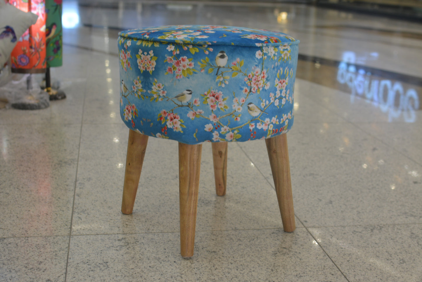 Birds in Blossom Ottoman | Birds in Blossom Collection | Velvet | 24" Height | 18" Diameter