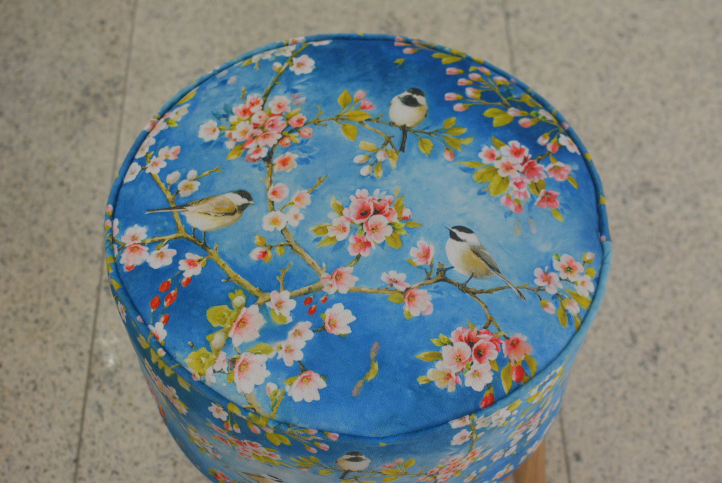 Birds in Blossom Ottoman | Birds in Blossom Collection | Velvet | 24" Height | 18" Diameter