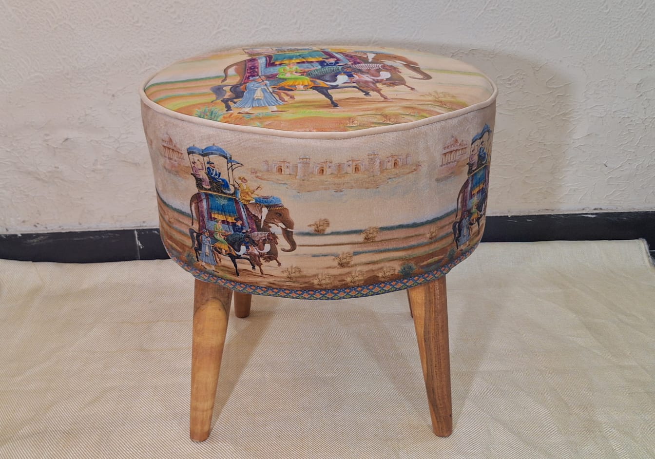Elephant Mughal Ottoman | Mughal Collection | Velvet | 18" Diameter | 24" height